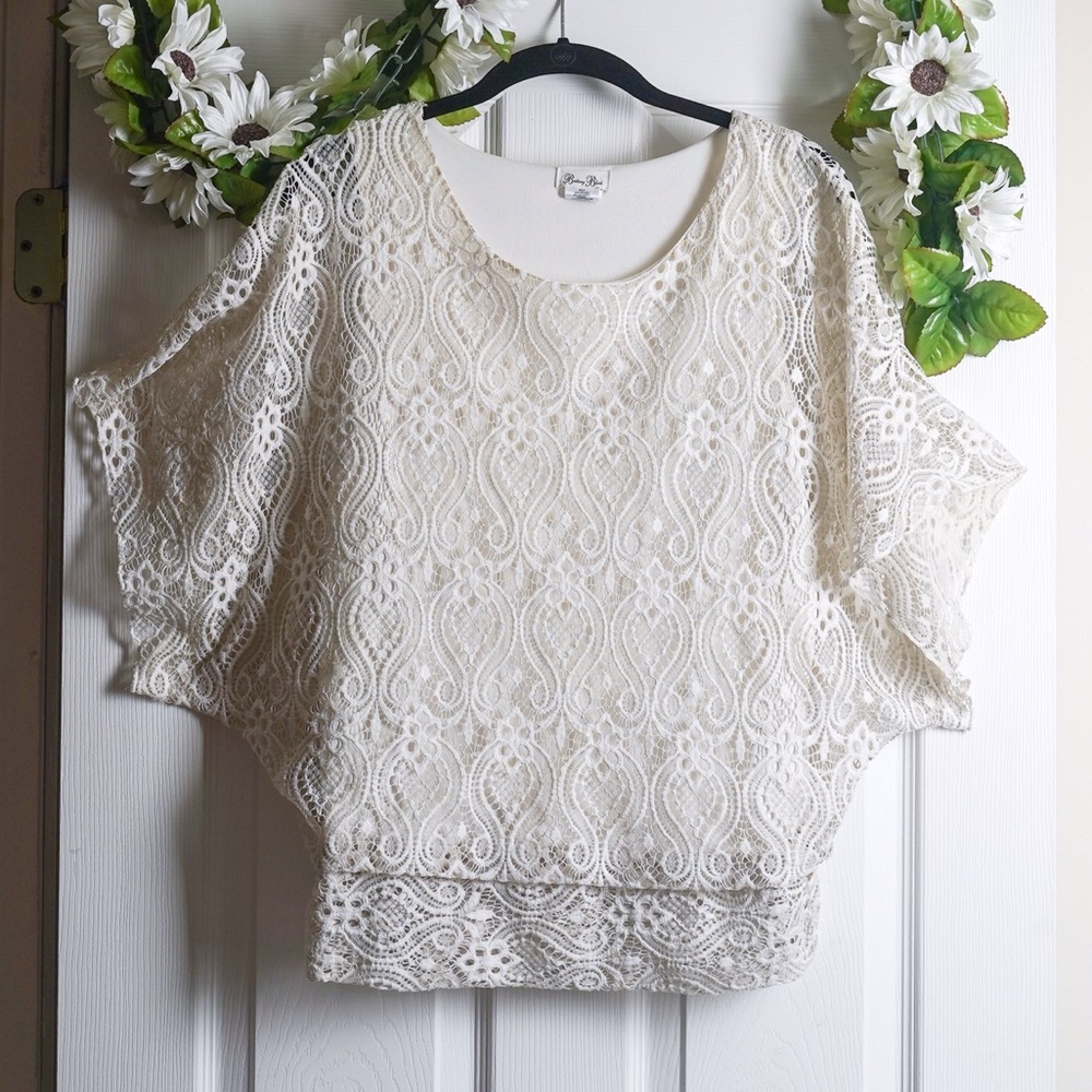 Brittany Black Lace Blouse Dolman Short Sleeve Top Cream Ivory Floral